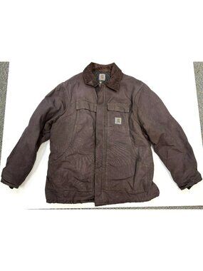 Carhartt Jacket Mens 2X Brown Duck Canvas Quilted Lined Corduroy Collar Zip Up